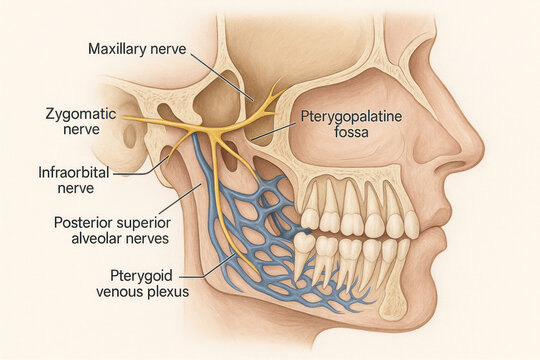 Maxillary Nerve Anatomy Illustration, Side View of Skull with Labeled Nerves and Venous Plexus