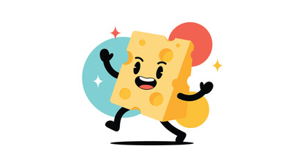 Fun cartoon cheese character dancing with joy and sparkles