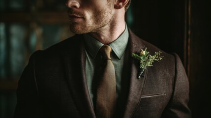 Fototapeta premium Elegant Groom Portrait: Capturing the essence of refinement, a handsome groom, impeccably attired, embodies grace and poise, bathed in subtle, warm light.