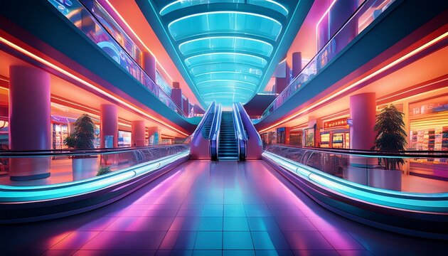 futuristic shopping mall interior with vibrant neon lighting and escalators - Powered by Adobe