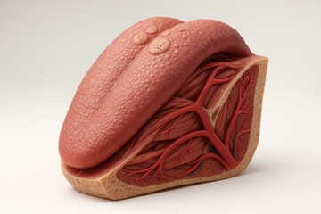 Human Tongue Anatomy Model Illustration, Showing Taste Buds and Blood Vessels.