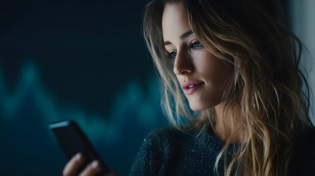 Young woman focused on her smartphone analyzing digital data with a glowing blue graph in the background representing modern financial engagement