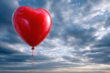 Fototapeta premium Heart-shaped balloon floats in the sky during a cloudy afternoon in a serene landscape