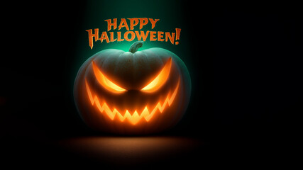 Gruseliger Halloween-K&uuml;rbis mit b&ouml;sem Grinsen und leuchtenden Augen vor dunklem Hintergrund mit "Happy Halloween" Text