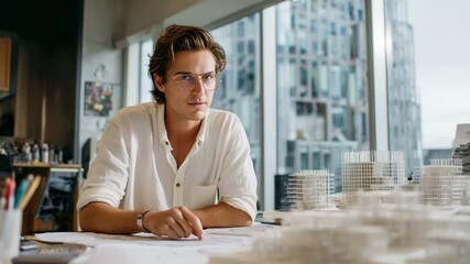Close-up of an architect studying blueprints intently. The man smiles and looks at the camera, showing his confidence. The man works on a building project in a modern office with a panoramic view. - Powered by Adobe