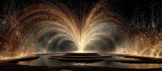 Golden fountain erupts from tiered platform in dark space