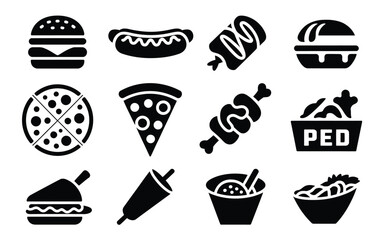 Vector art of collection of fast food icons, including burgers, hotdogs, pizza, and chicken, representing quick meal options