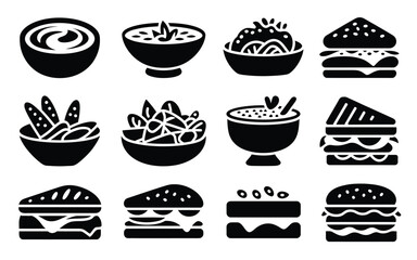 Vector art of collection of various food icons, including bowls, sandwiches, and cake, representing diverse culinary options