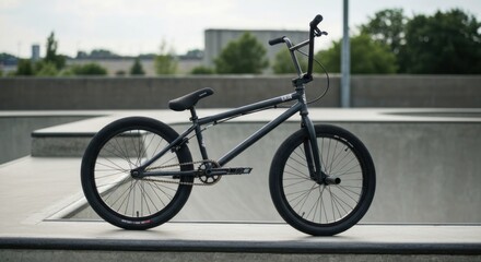 Fototapeta premium Dark gray bicycle, side view, on a concrete ramp, cityscape background