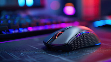 Modern gaming mouse resting on mousepad in neon-lit room