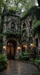 Obraz premium Stone castle entrance, overgrown with ivy