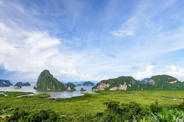 Beautiful view of Samed Nangshe in Phang-nga in sunny day, a popular unseen destination for tourist in Phang-nga province, southern of Thailand
