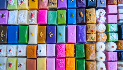 Colorful Assortment of Small Rectangular Desserts and Sweets.
