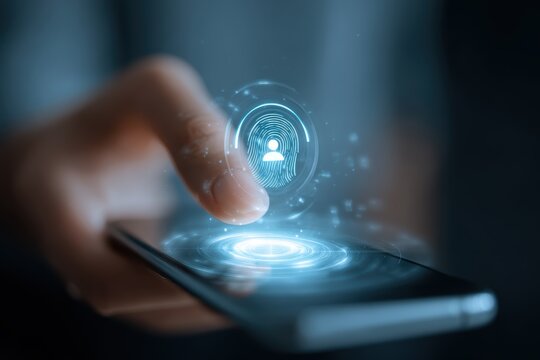 Digital Fingerprint Authentication: The photo presents a close-up shot showcasing a hand interacting with a smartphone's screen. The image captures a digital fingerprint authentication process.