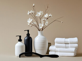 Scandinavian-Inspired Minimalist Composition of White Vase with Flowers, White Bottle, Black Comb, and Towels on Neutral Beige Background – Soft Lighting