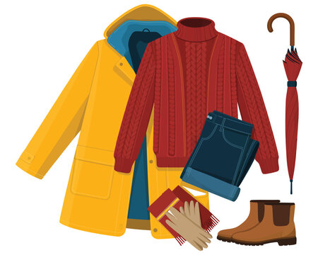 A stylish and cozy autumn outfit laid out flat, featuring a yellow raincoat, red sweater, jeans, boots, gloves, and umbrella for a rainy day. Flat-illustrative-.eps vector