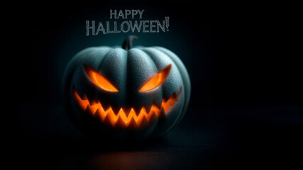 Gruseliger Halloween-K&uuml;rbis mit b&ouml;sem Grinsen und leuchtenden Augen vor dunklem Hintergrund mit "Happy Halloween" Text