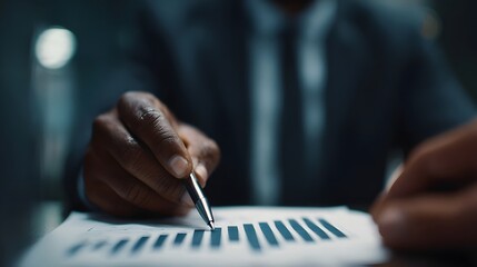 Professional s hand pointing at a bar chart on a document symbolizing financial analysis and business strategy in a corporate setting