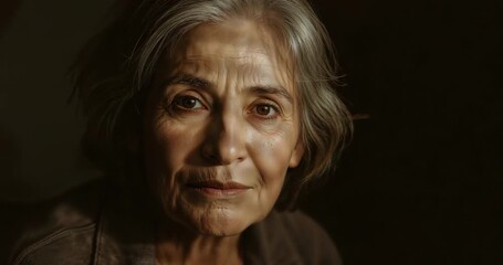 Responding to lighting shift Senior Hispanic woman blinking gaze drifting and reflecting in studio - Powered by Adobe