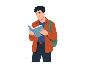 Focused university student character holding an open textbook, isolated on a white background. Minimalist vector design for education concepts