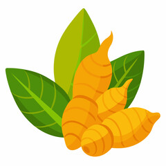 Vibrant turmeric roots and fresh green leaves create a natural organic food concept, perfect for health blogs, recipe illustrations, or promoting wellness products, originally a scalable graphic