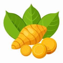 Fresh Turmeric Root with Leaves and Slices