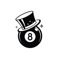 Black eight ball with top hat and sparkles on white background pool billiard
