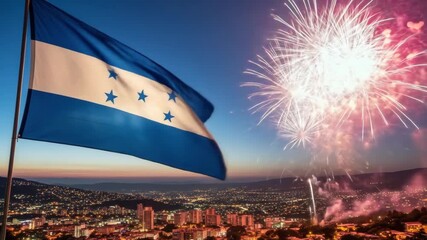 honduran flag waving against cityscape at dusk with vibrant fireworks illuminating sky. national celebration or holiday event promotion, tourism, honduras independence day, capital city of tegucigalpa - Powered by Adobe
