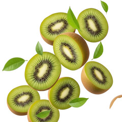 Fototapeta premium Fresh sliced kiwis with green leaves vibrant healthy tropical fruit food photography transparent background