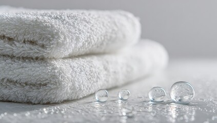 White towels stacked, water droplets