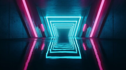 Fototapeta premium Digital light tunnel in neon blue and magenta, immersive futuristic abstract wallpaper design.
