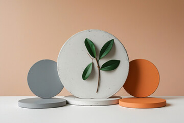 Contemporary Minimalist Photography of Round Wooden Discs and White Concrete Circle with Botanical Element – Soft Pastel Peach Background