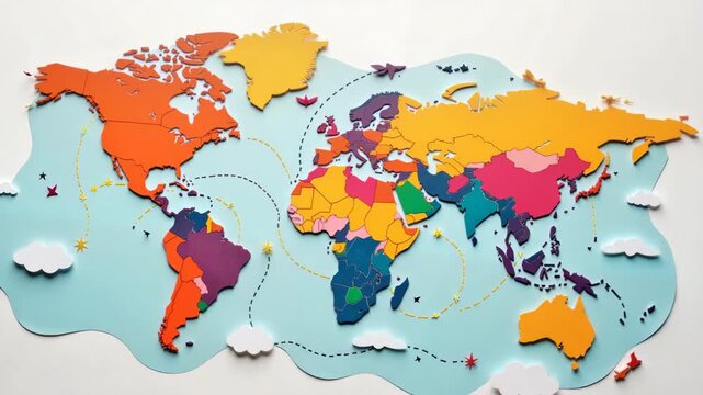 Colorful world map crafted from wood shows international tourism day.  World map depicts global travel routes and destinations for tourism day.