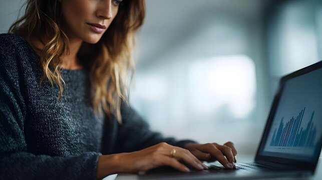 A focused woman in a cozy sweater diligently types on her laptop analyzing financial data displayed on the screen in a modern home office