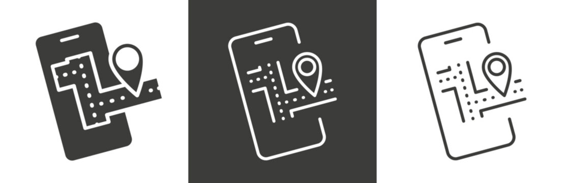 gps navigation app icon, city street map on phone, local system, simple symbols on white and black background - editable stroke vector illustration