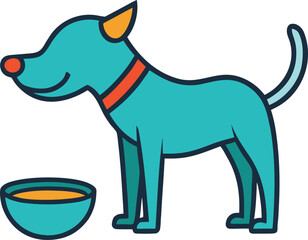 Cartoon dog standing next to a bowl of food