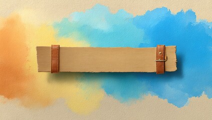 Blank tan paper sign, leather straps, pastel watercolor background