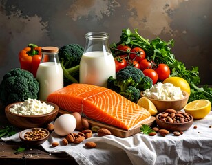 A display of various healthy foods including salmon, milk, vegetables, and dairy products, showcasing a balanced diet.