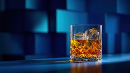 A glass of amber liquid with ice cubes
