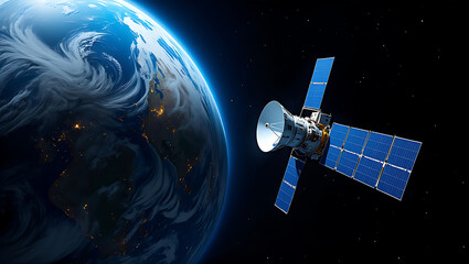 A satellite with solar panels and a dish antenna in orbit around planet earth, showcasing space exploration