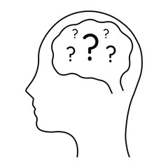 State of mind icon set vector illustration, human head with question marks, confusion outline, mental health awareness, psychology symbol.