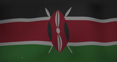 Fototapeta premium Displaying Kenyan national flag rippling in dark studio, with Maasai shield and crossed spears