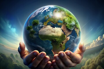 Human hands gently hold the vibrant earth in a cosmic glow