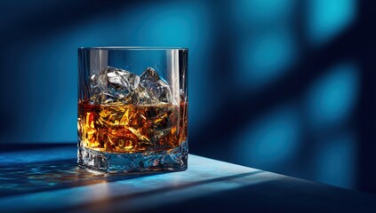 A glass of amber liquor with ice cubes, on a surface bathed in deep blue light