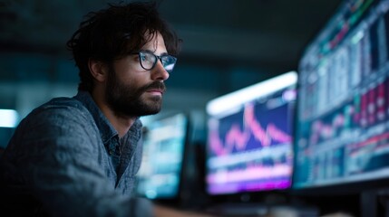 Focused male trader intently monitors multiple computer screens displaying real time financial data and market trends in a dimly lit high tech office