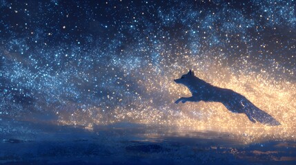 Fototapeta premium Majestic white wolf leaping through a sparkling, ethereal nightscape under starry skies