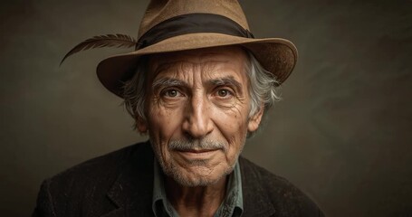First showing senior man in studio lowering chin under fedora brim, lifting head, smiling at camera - Powered by Adobe