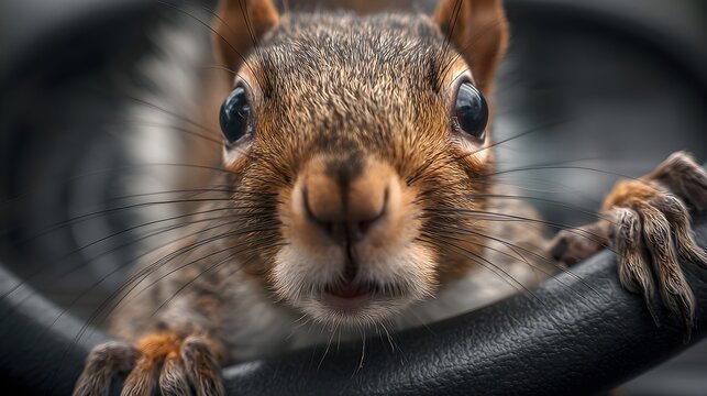 Curious eastern gray squirrel peering into camera, close-up wildlife portrait, natural light, playful expression