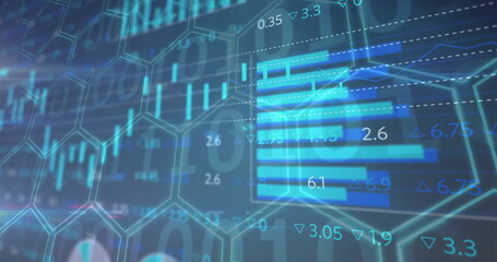 Horizontal bar chart showing numeric labels, trend lines on PC screen, with hex grid, binary code