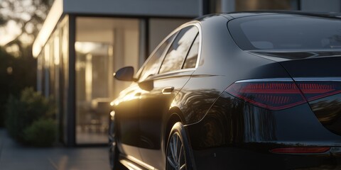 Luxurious black car parked in front of a modern home bathed in warm sunlight